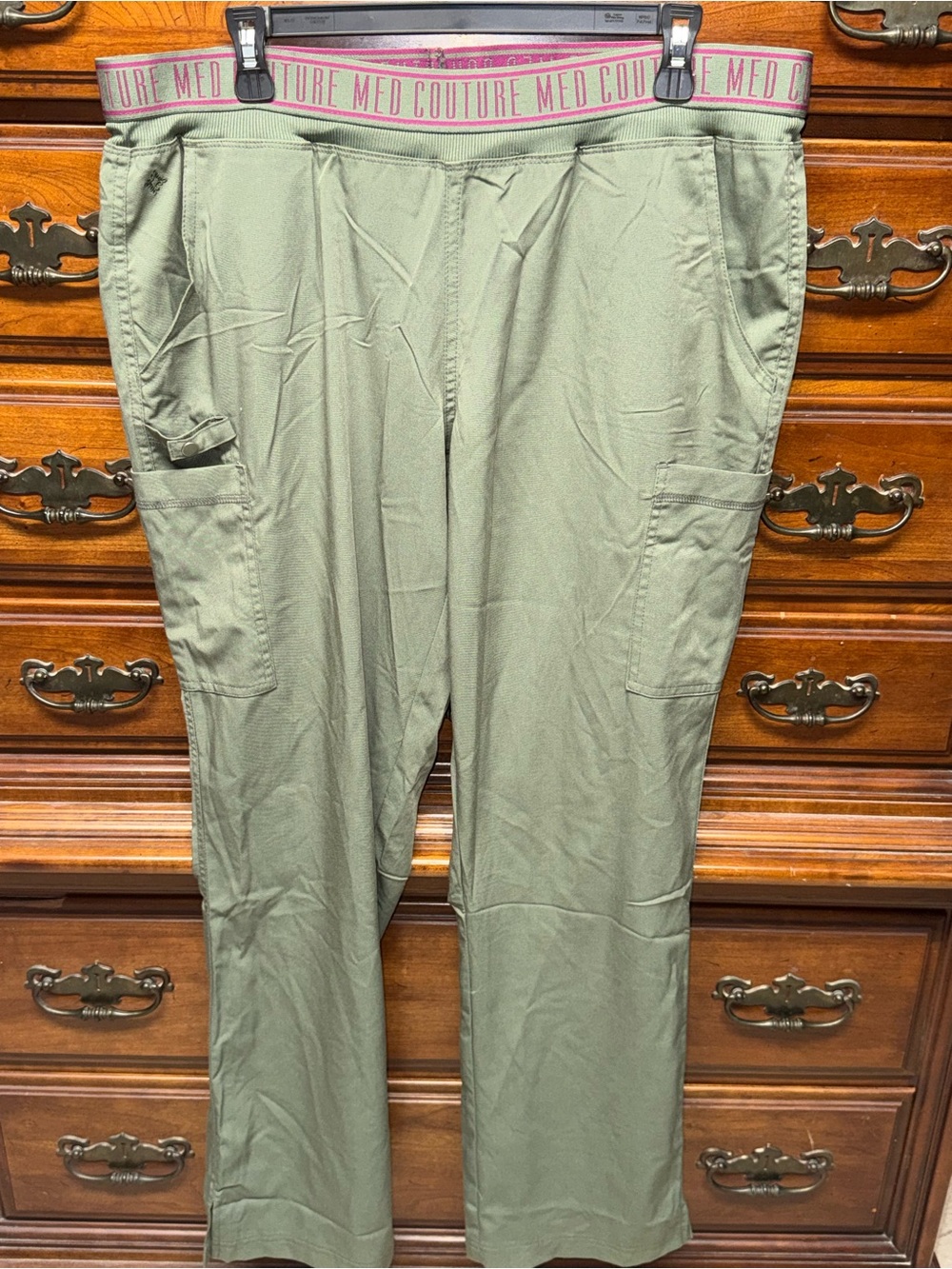 Med Couture Women's Olive Cargo Scrub Pants with Pink Waistband